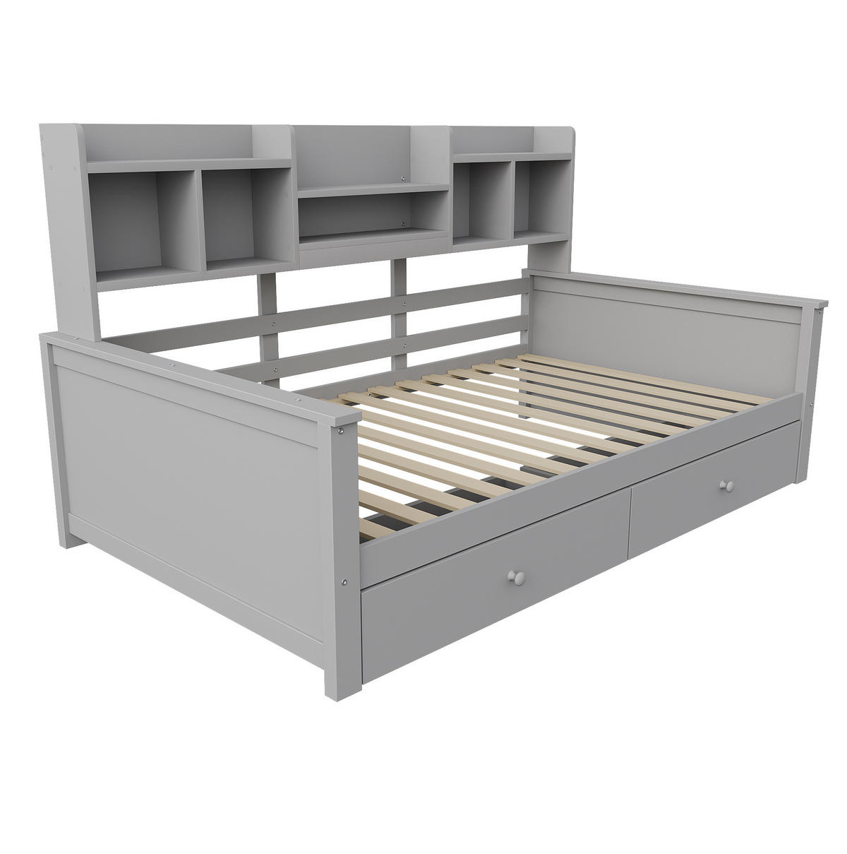 KINDERBETT 90/200 cm als Schlafsofa mit 2 Schubladen, Seitenregalen und Lattenrost aus Massivholz, Grau/Weiß - Grau, Holzwerkstoff (90/200cm) - Redom