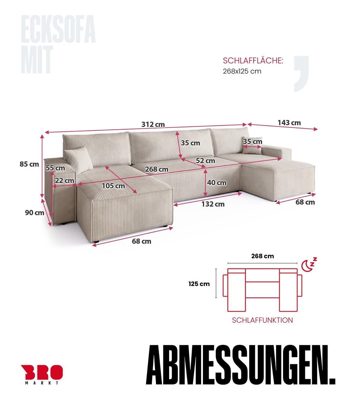 WOHNLANDSCHAFT ADI U mit Schlaffunktion Cordstoff Beige - Beige, Textil (312/85/143cm) - Bromarkt
