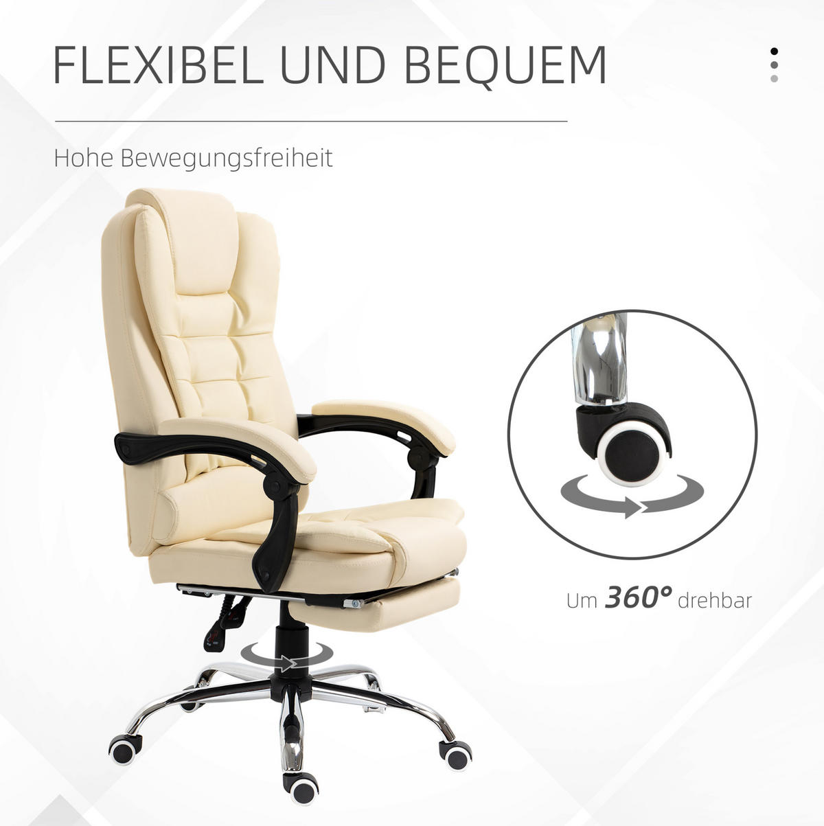 STUHL 64,5/69/109–117 cm, ergonomischer Chefsessel mit Fußstütze und Bonded-Leder,Creme - Creme, Kunststoff (69/117/64.5cm) - Redom