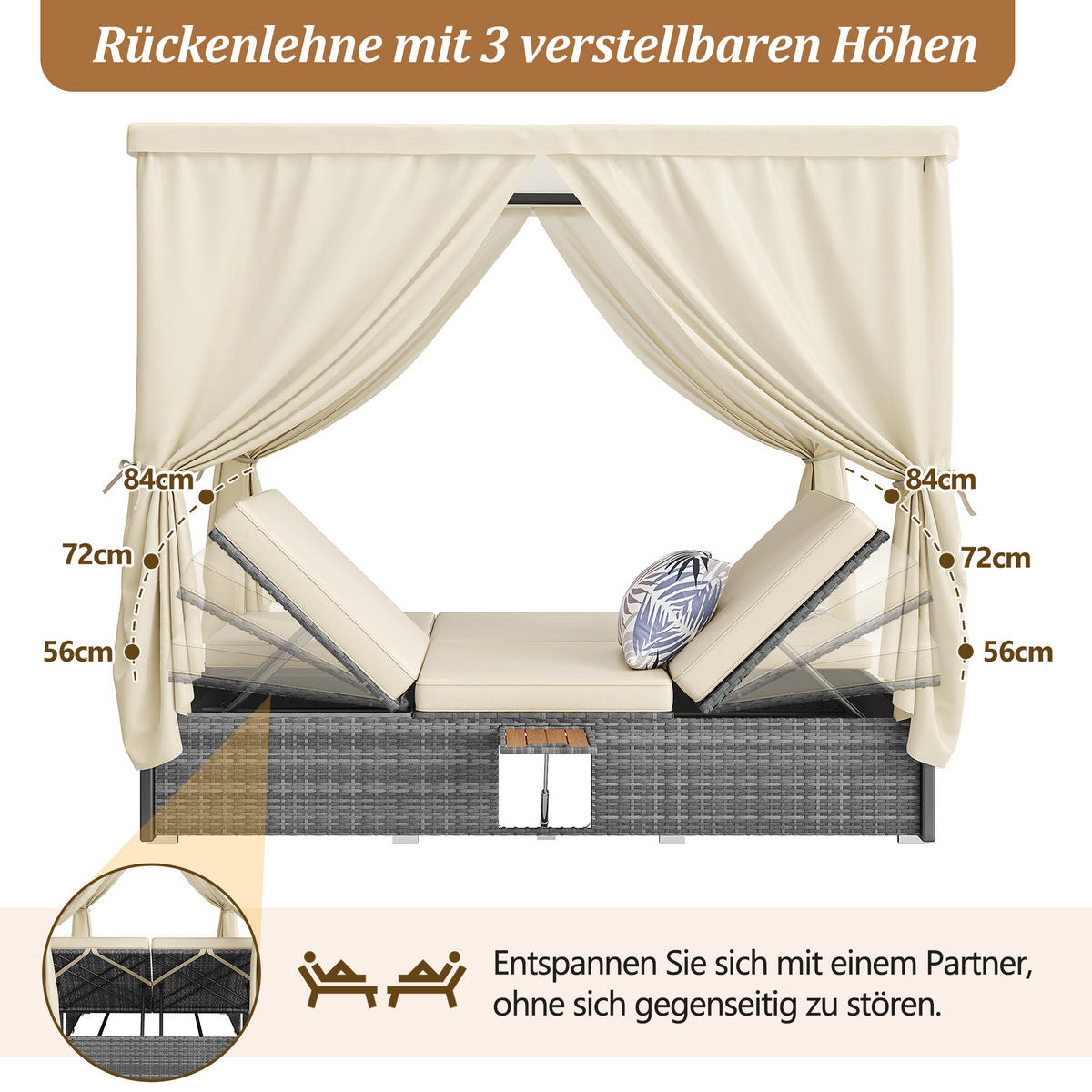 DOPPELLIEGE Cremeweiß Klappbar Mit Kissen & Klapptisch - Beige, Metall (128/186/187cm) - FLIEKS
