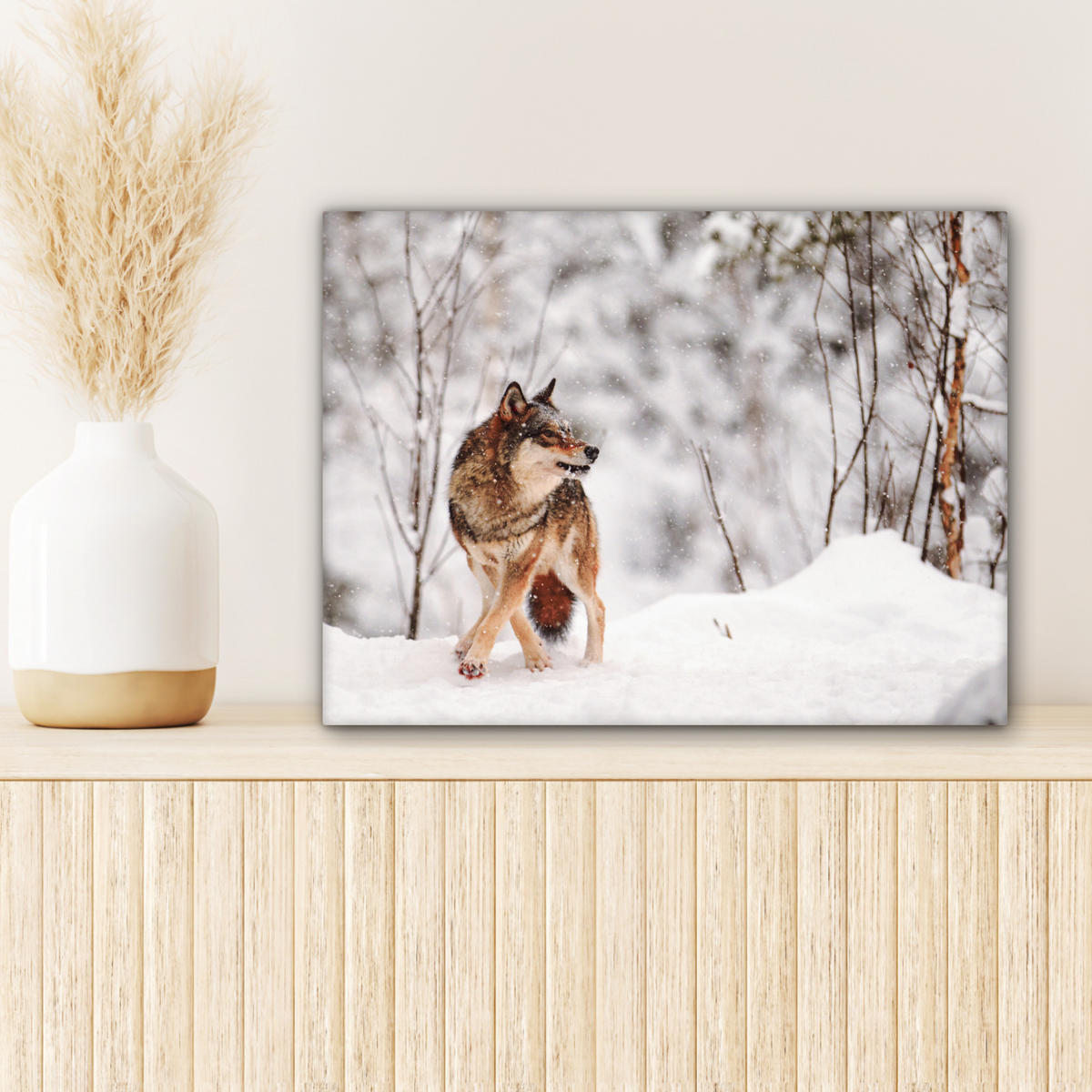 LEINWANDBILD Wolf - Winter - Schnee - Natur - Tiere Wandbild 40x30 cm - Haselnussfarben, Textil (40/30cm) - MuchoWow