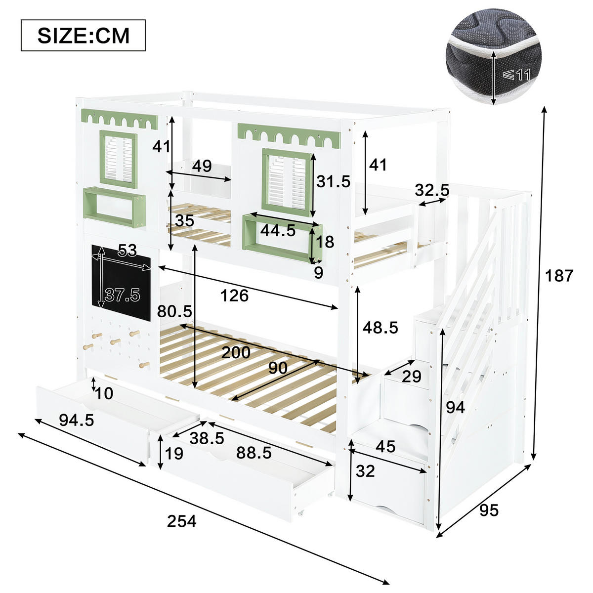 ETAGENBETT Mit kleinem Lochbrett-Bereich Weiß+Grün - Weiß, Holz (90/200cm) - ComfortXL