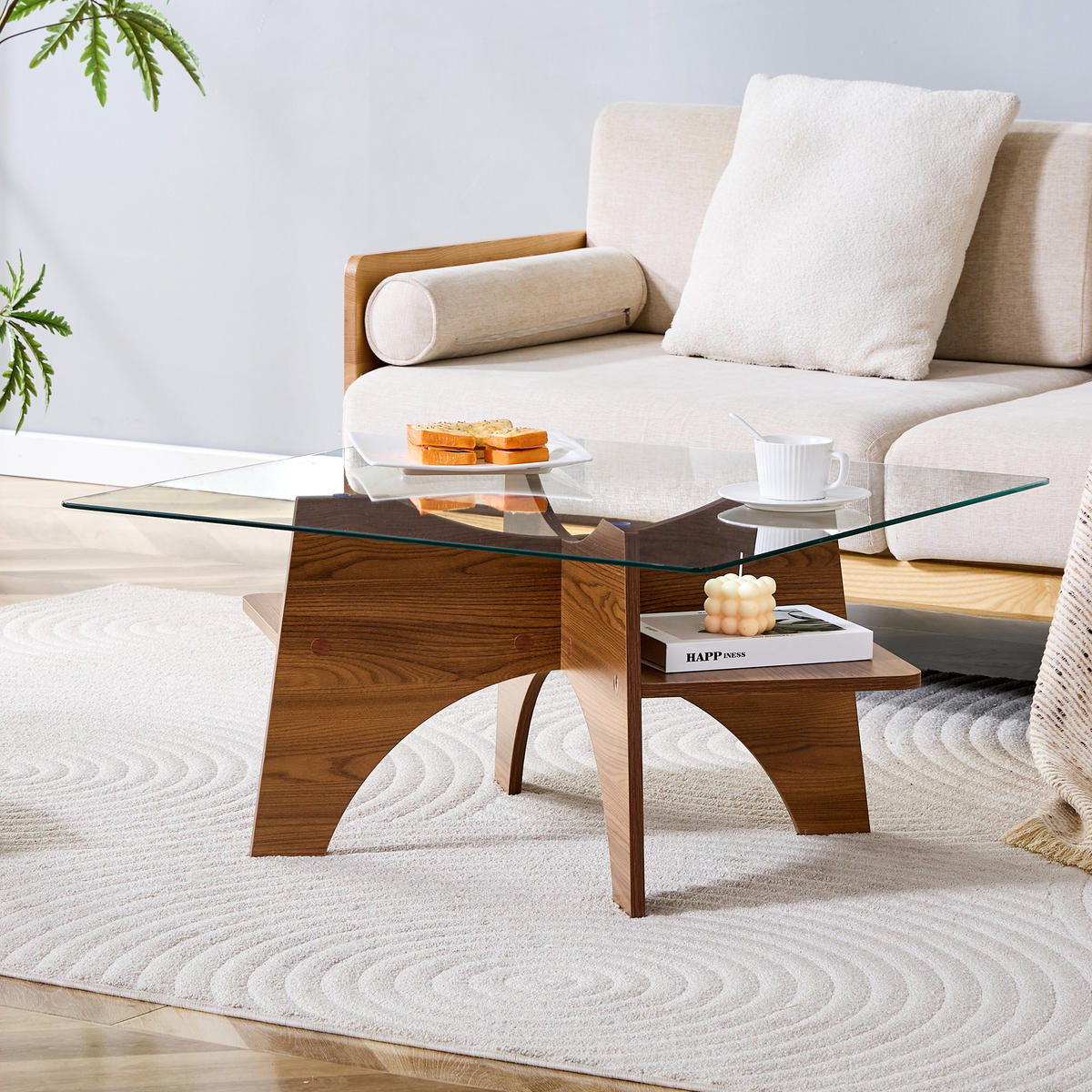 COUCHTISCH quadratisch Nussbaumoptik/Transparent Glas/MDF 80 cm - Transparent/Walnussfarben, Glas/Holzwerkstoff (80/80/40cm)