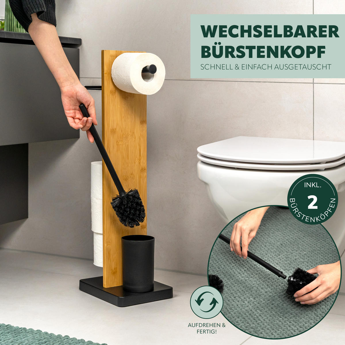 WC-BÜRSTENKOMBINATION 4in1, Bambus/Metall, schwarz - Schwarz, Holz (23/68/18cm) - eluno