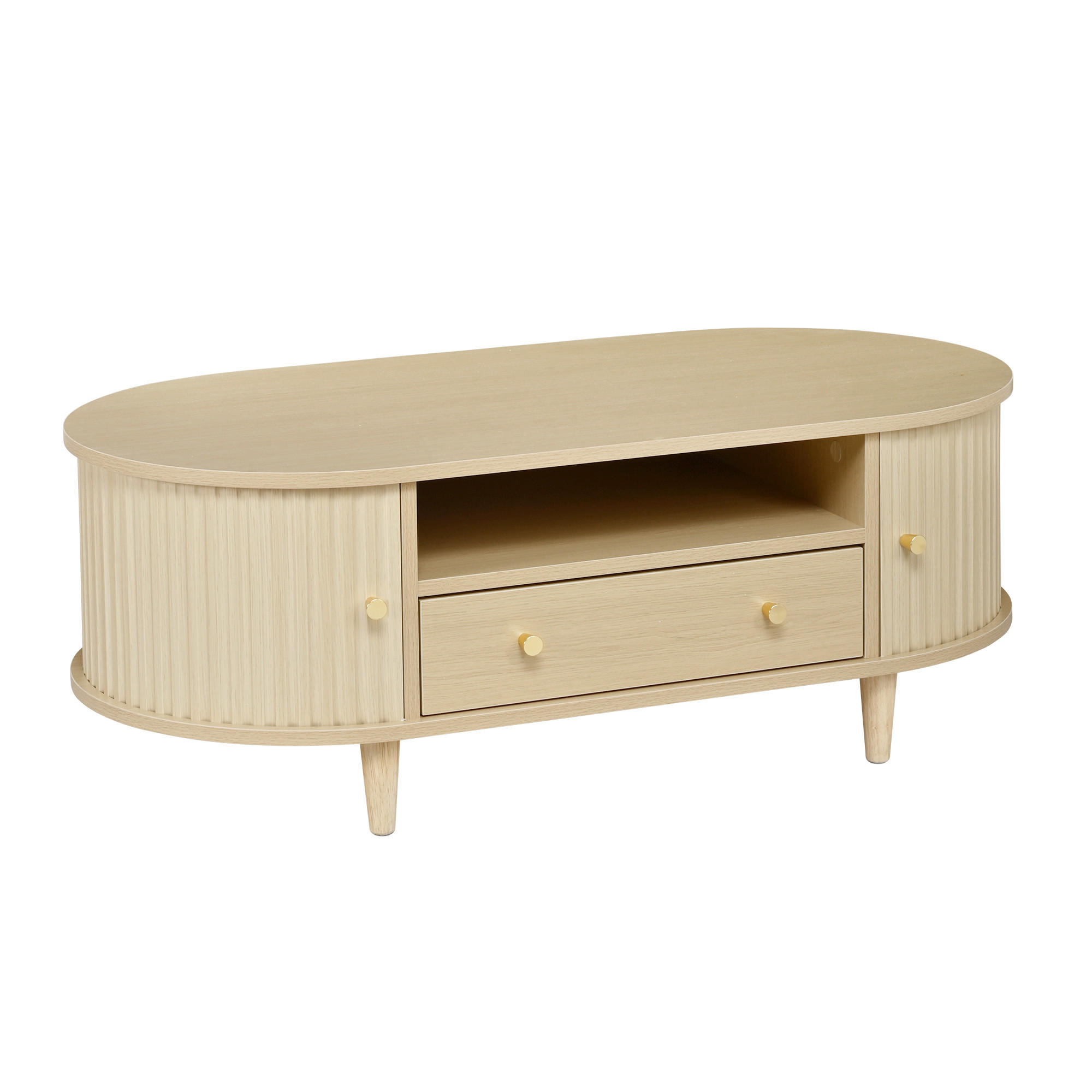 COUCHTISCH Ovales Design mit Rolltür & Schublade - Eichefarben, Holzwerkstoff (50/100/36cm) - Urban Meuble