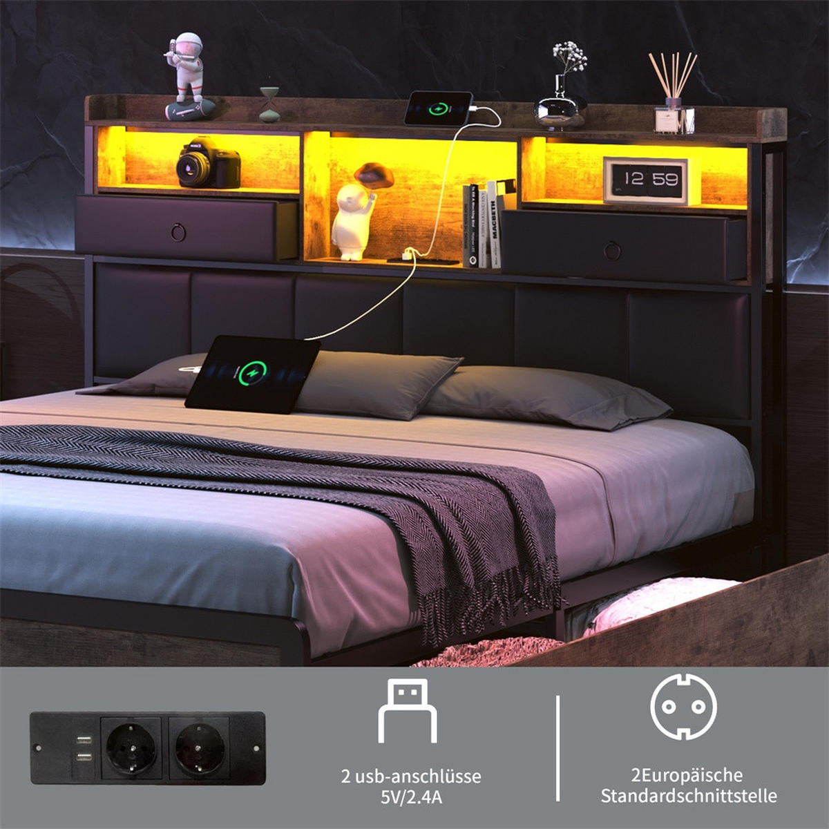 METALLBETT 140 x 200 cm mit 6 Schubladen - Kopfteil-Ablage mit LED-Beleuchtung und Steckdosen & USB-Anschlüsse - Braun, Metall (140/200cm) - DELFA