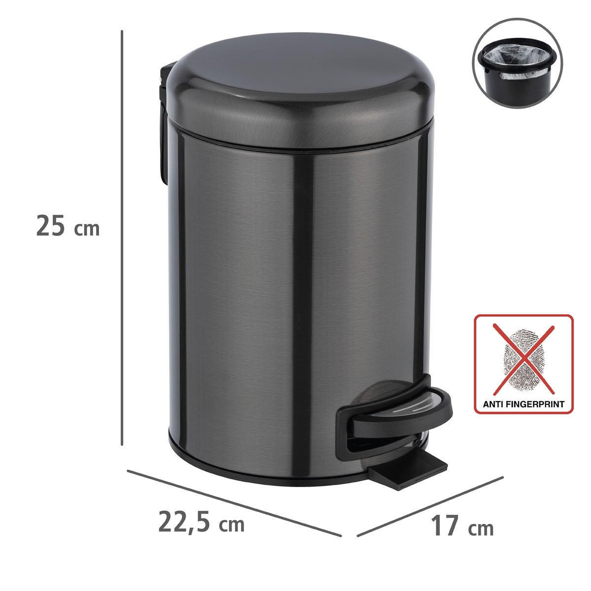 KOSMETIKEIMER mit Fußpedal Leman 22,5/17/25 cm - Schwarz, Metall (17/25/22.5cm) - Wenko