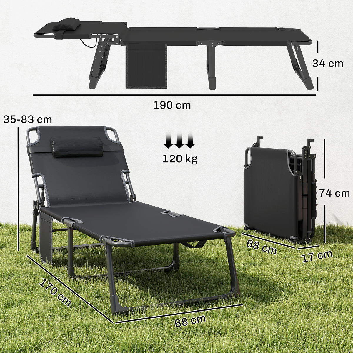SONNENLIEGE Stahl Netzstoff Cremeweiß - Creme/Schwarz, Textil/Metall (68/34/190cm) - Outsunny