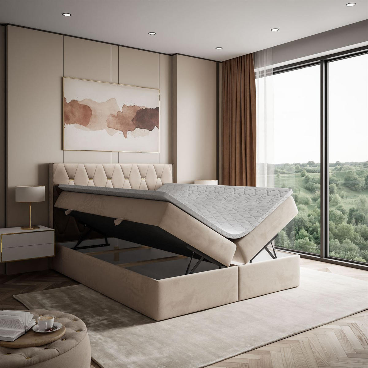BOXSPRINGBETT IZOLDA mit Bettkasten und Topper 160x200 cm Royal Velvet 170 - Beige, Textil - Lookway