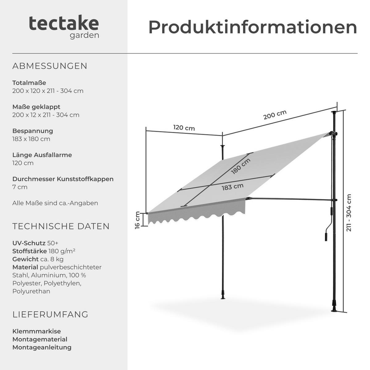 KLEMMMARKISE ,einfache Montage,hellgrau - Hellgrau, Kunststoff (200/304/180cm) - tectake