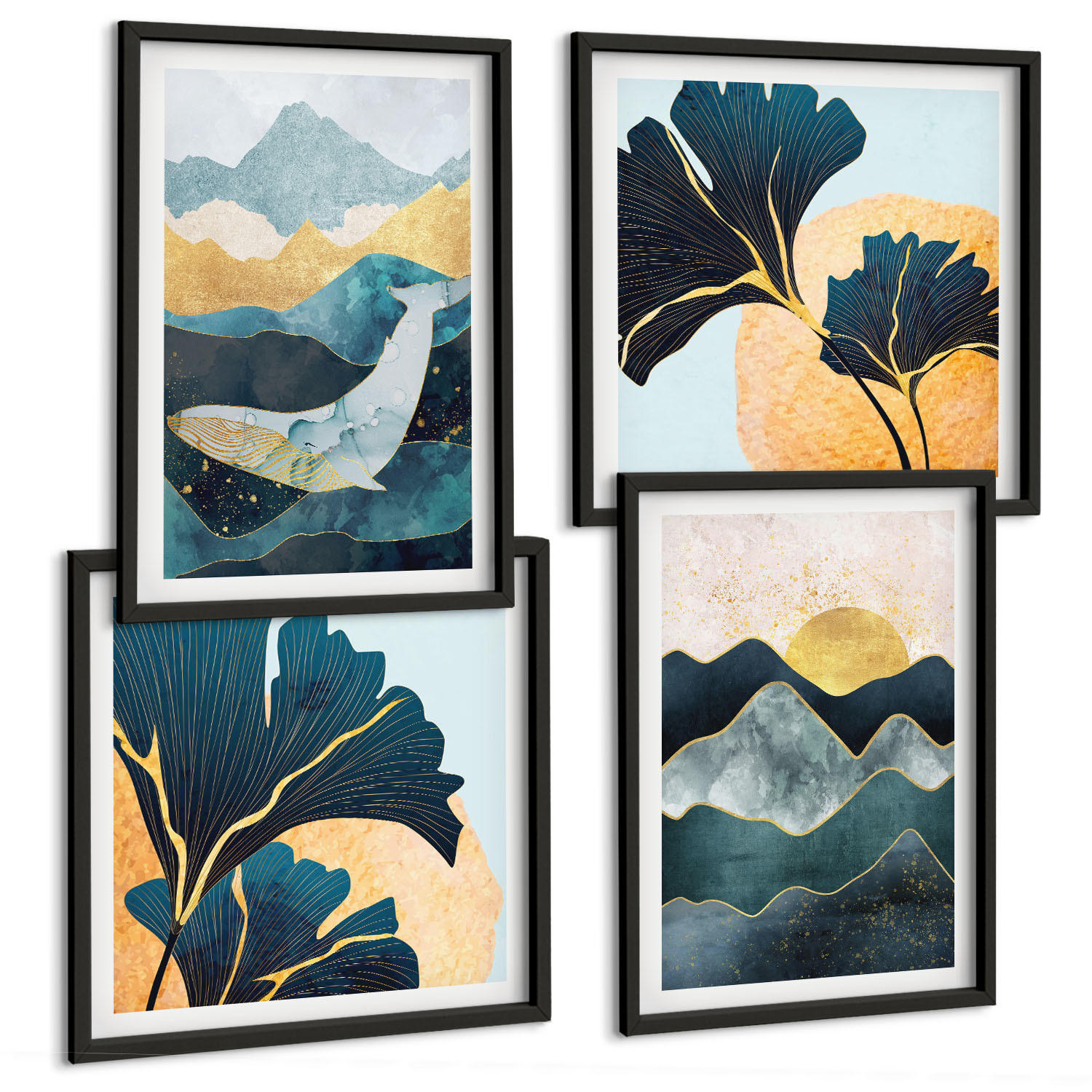 BILDER SET 4er Set - 50x50 cm & 40x60 cm Schwarzer Rahmen - Abstrakte ästhetische Berge - Schwarz, Kunststoff (50/50cm) - TULUP