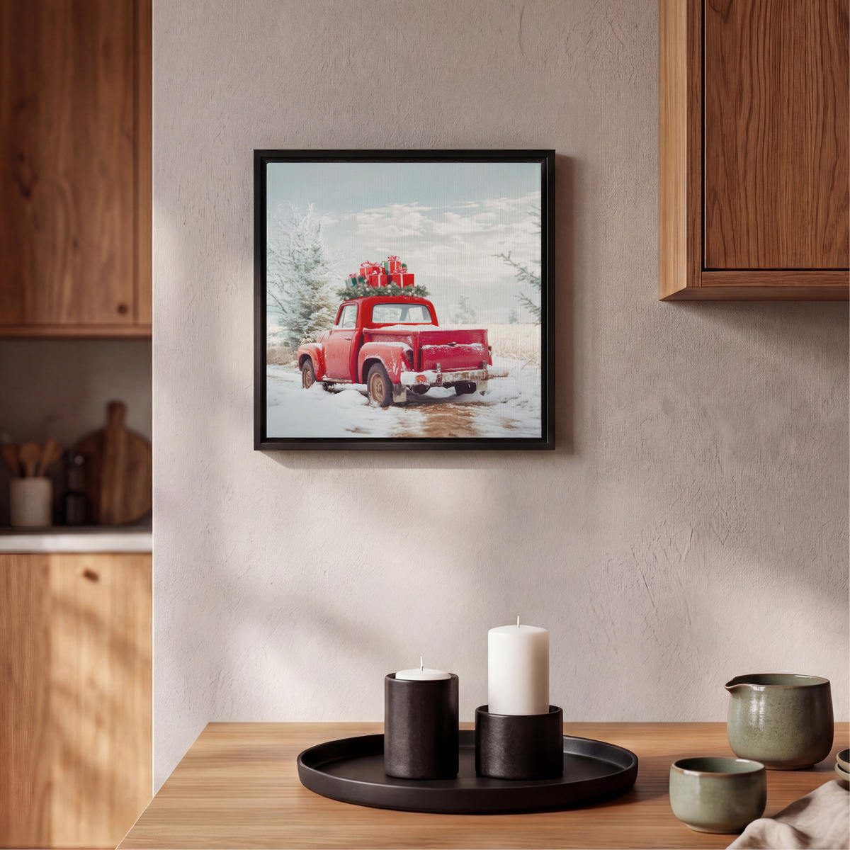 LEINWAND Bilder mit Rahmen - Auto - Rot - Geschenke - Winter - Schnee - Weihnachten - 20x20 - Rot, Textil (20/20cm) - MuchoWow