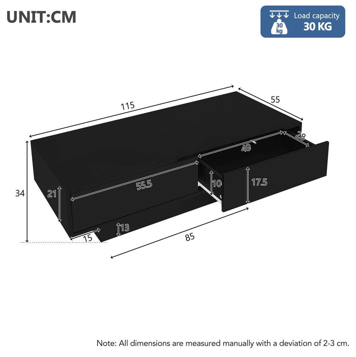 KONFERENČNÍ stolek, 115/55/34 cm černý, s LED osvětlením a 2 zásuvkami - černá, kompozitní dřevo (115/55/34cm) - BEAOK