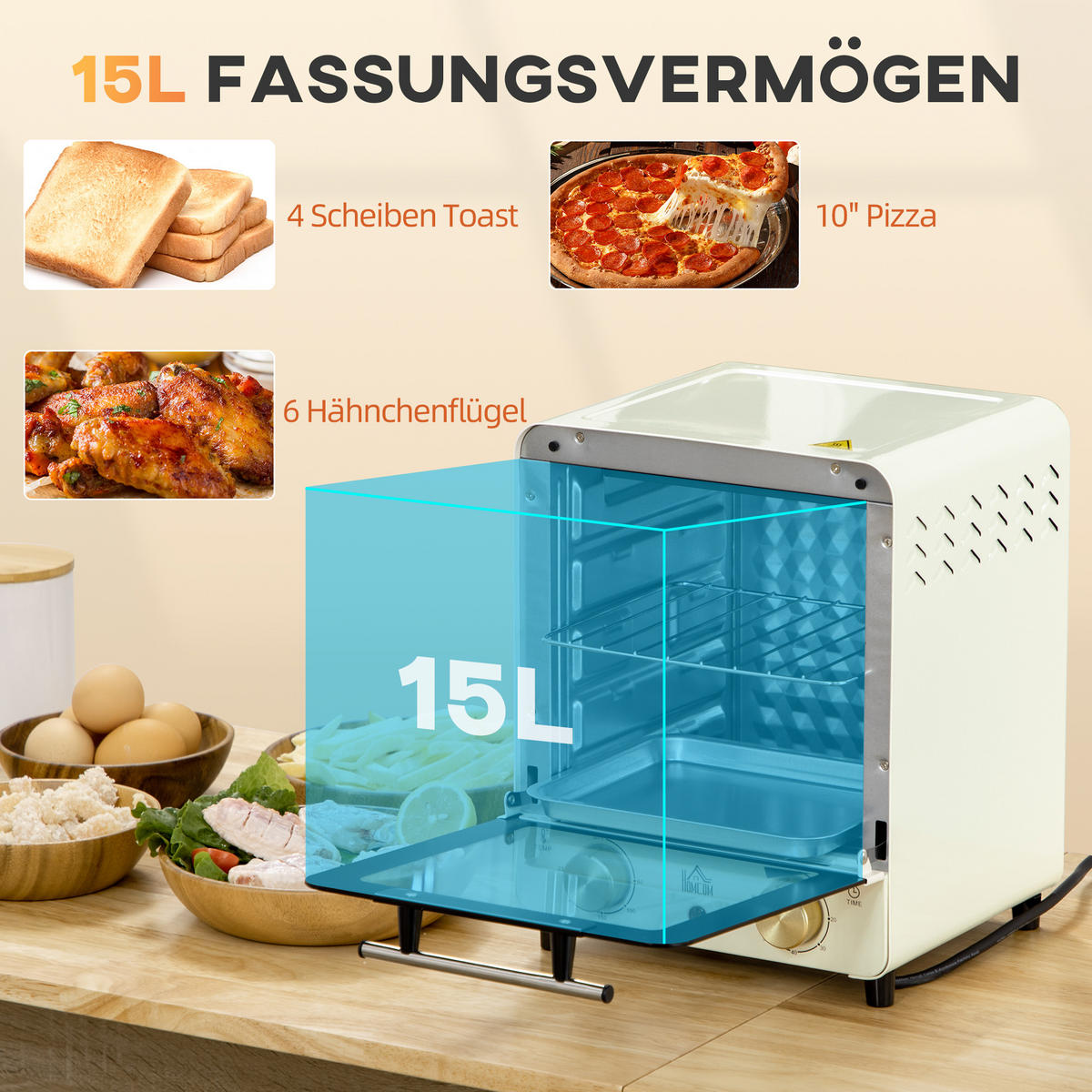 MINIBACKOFEN Eisen Edelstahl gehärtetes Glas Cremeweiß - Creme, Metall (25.5/27.5/32cm) - HOMCOM