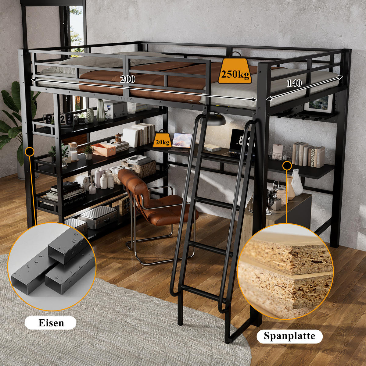 HOCHBETT 140/200 cm Schwarz aus Eisen und Spanplatte mit Ablagen und Ladeanschluss - Schwarz, Metall (140/200cm) - OKMYHOME