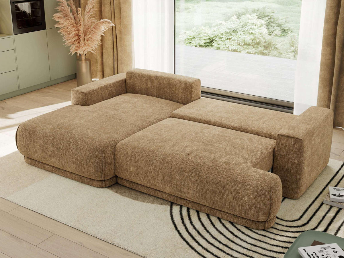 ECKSCHLAFSOFA RINA L Hellbraun Schenille grob gewebt - links - Hellbraun/Schwarz, Kunststoff/Textil (267/170cm) - MKS