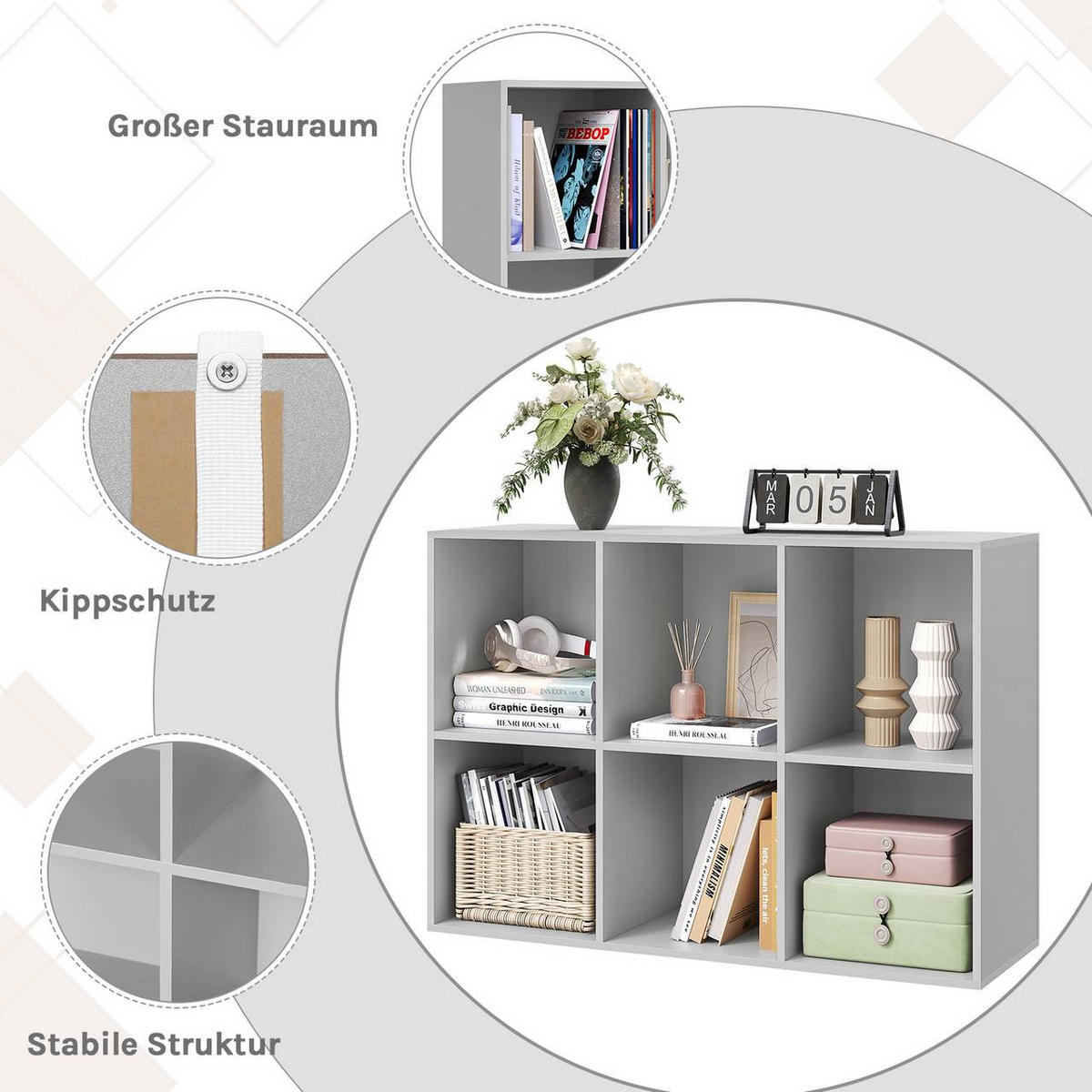 BÜCHERREGAL mit 6 Fächer, Holzwerkstoff, Grau - Grau, Holzwerkstoff (59.5/89/29cm) - Woltu