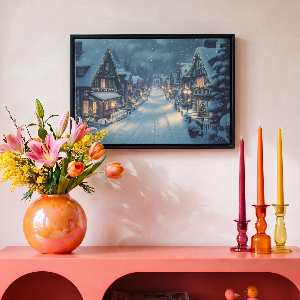 LEINWAND Bilder mit Rahmen - Weihnachtsdorf - Weihnachten - Schnee - Winter - 30x20 - Dunkelblau, Textil (30/20cm) - MuchoWow