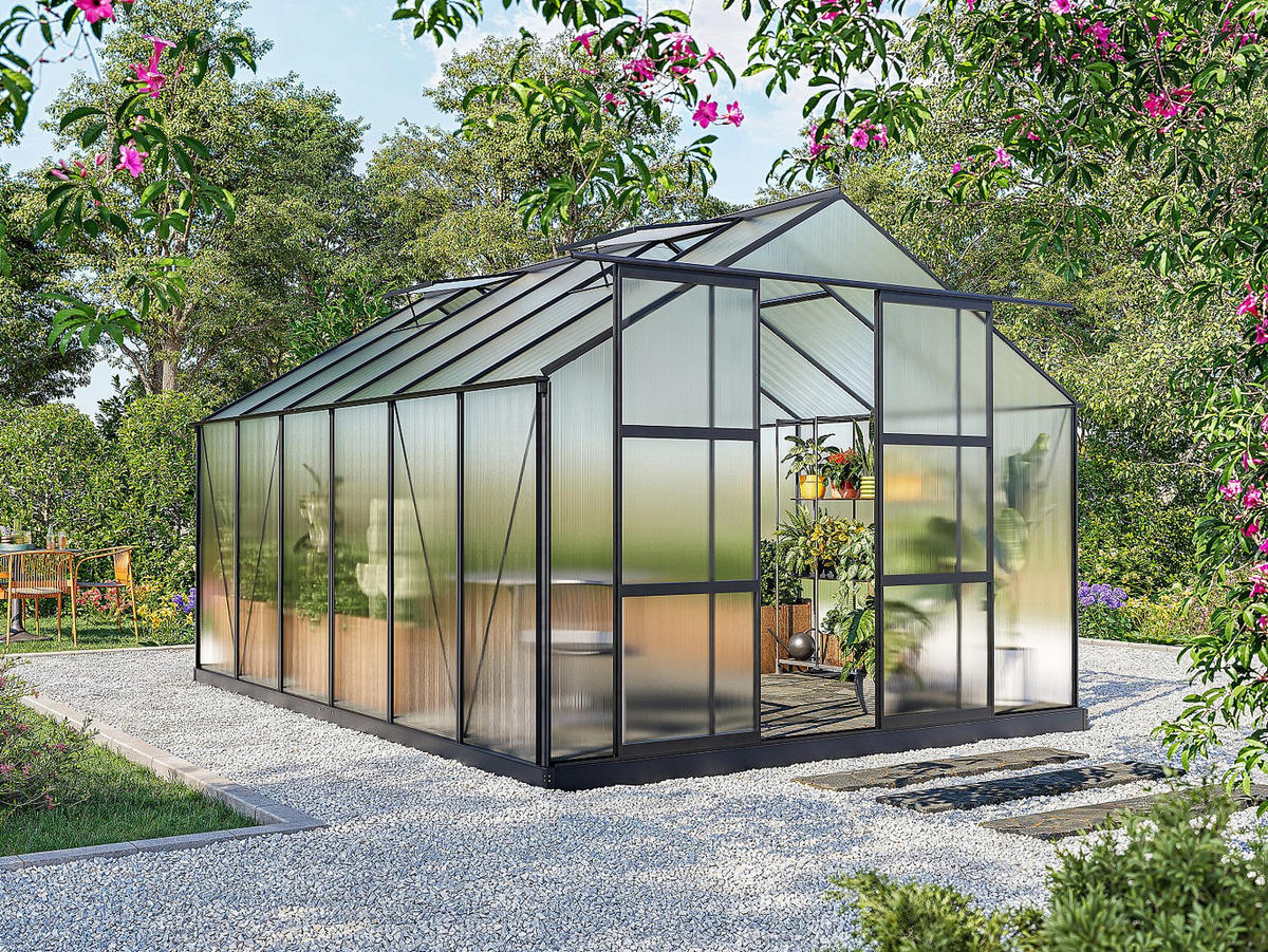 SELBSTTRAGENDES Gewächshaus - 305cm x 427cm - Polycarbonat - anthrazitgrau - KALIDA - Anthrazit, Kunststoff (305/249/427cm) - Vente-Unique