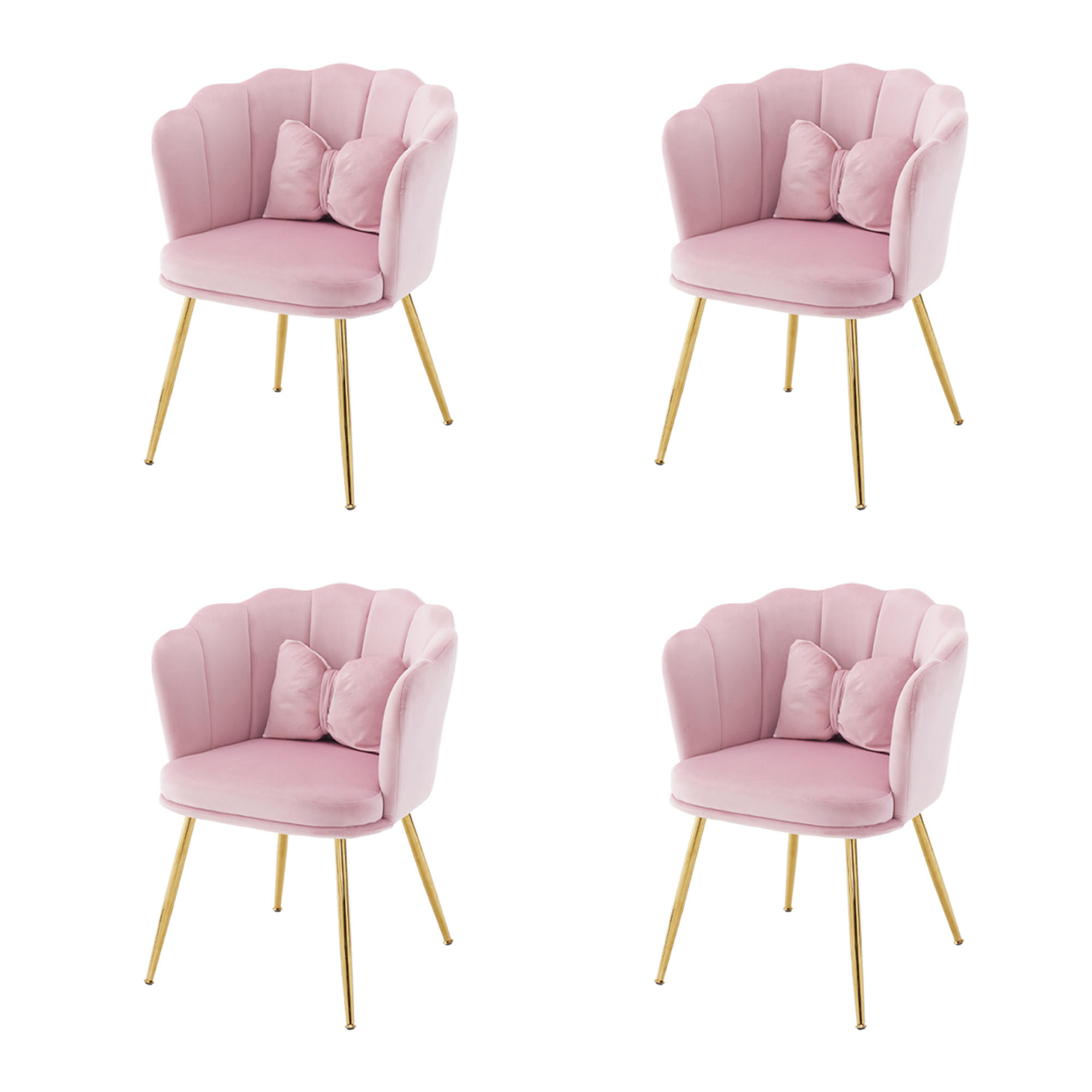 STUHL SET 4-TEILIG Samt Polster Blütenblatt-Rücken Goldfüße & Kissen Rosa - Pink, Holz (62/43/54cm) - FLIEKS