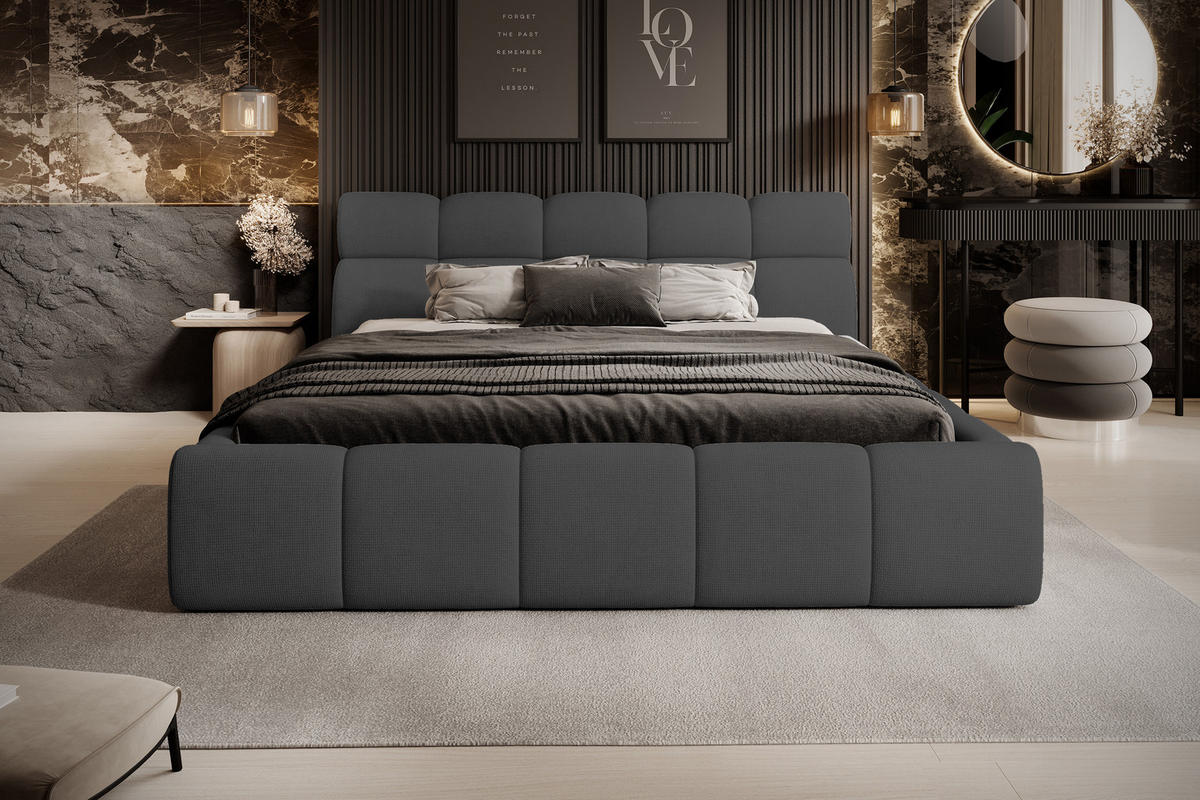 POLSTERBETT GIULIA, komfortabel, mit Bettkasten, verstellbarem Kopfteil und LED, 140x200x96 cm, Farbe Graphit - Graphitfarben/Schwarz, Holzwerkstoff/Kunststoff (140/200cm) - DomoHome