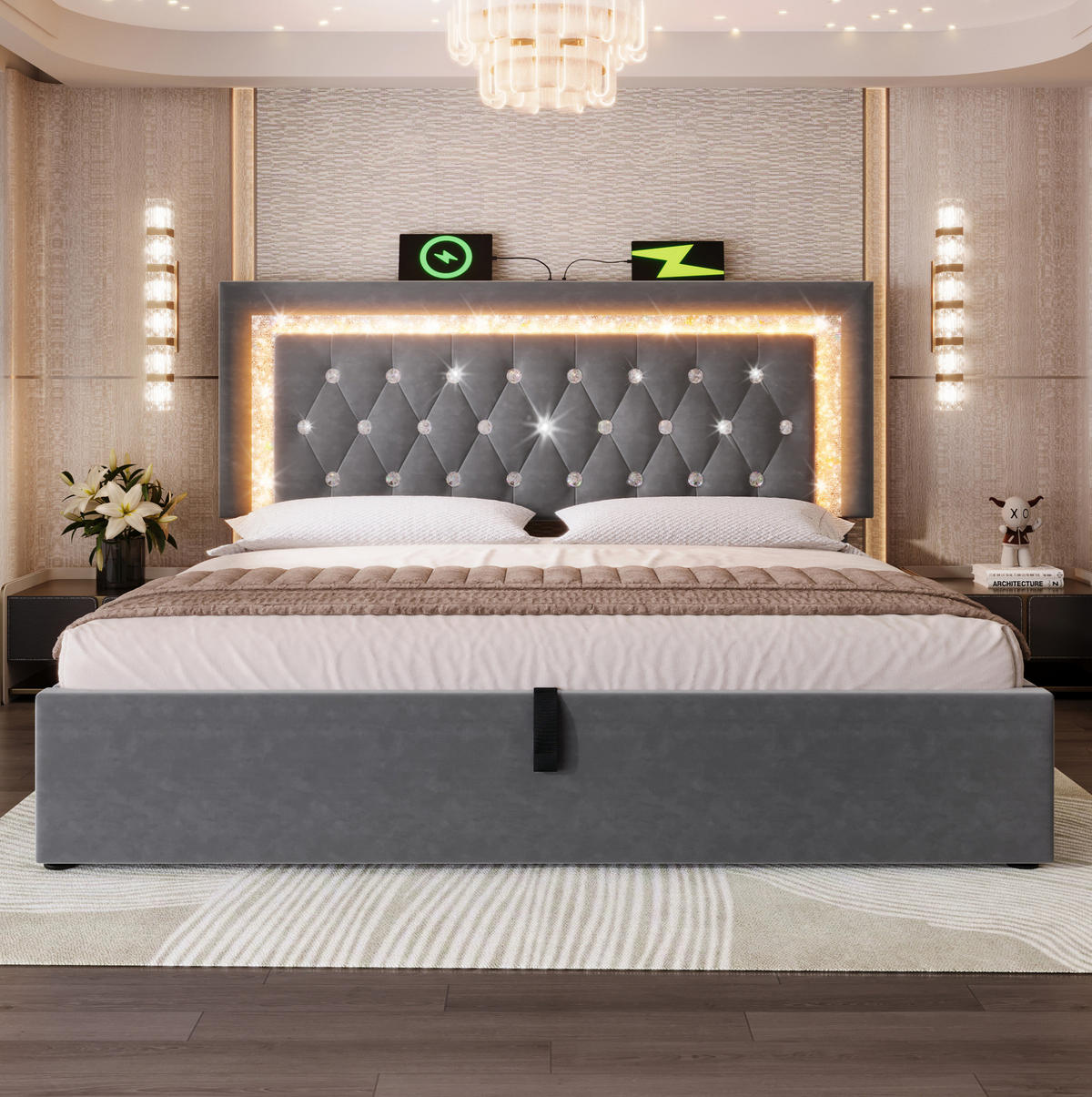 POLSTERBETT mit Bettkasten 160x200 cm Samt Grau mit LED und USB - Grau, Metall (160/200cm) - Meubliv