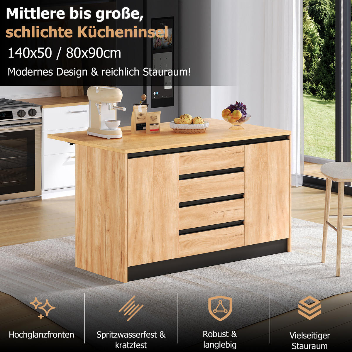 KÜCHENINSEL 140/50/90 cm Natürlich mit 4 Schubladen, ausklappbarer Arbeitsplatte und 2 Schränken - Silberfarben/Weiß, Holz/Holzwerkstoff (80/90/140cm) - Oxeza