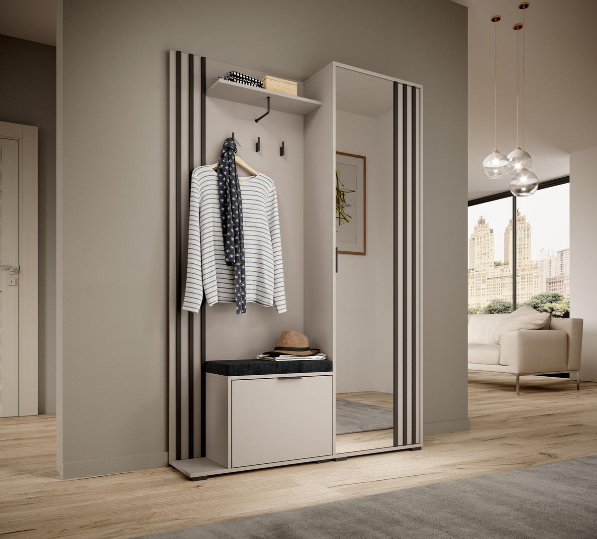 GARDEROBE STILO 131 cm (Kaschmir, Schwarze Lamellen, Spiegel, Sitzkissen, Metallgriffe) - Kaschmir/Schwarz, Holz/Holzwerkstoff (131/192/40cm) - Ravio