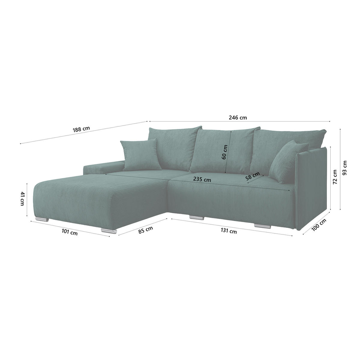ECKSOFA TRAWANGA L mit Schlaffunktion, Grün - Grün, Textil (246/188cm) - Fedve