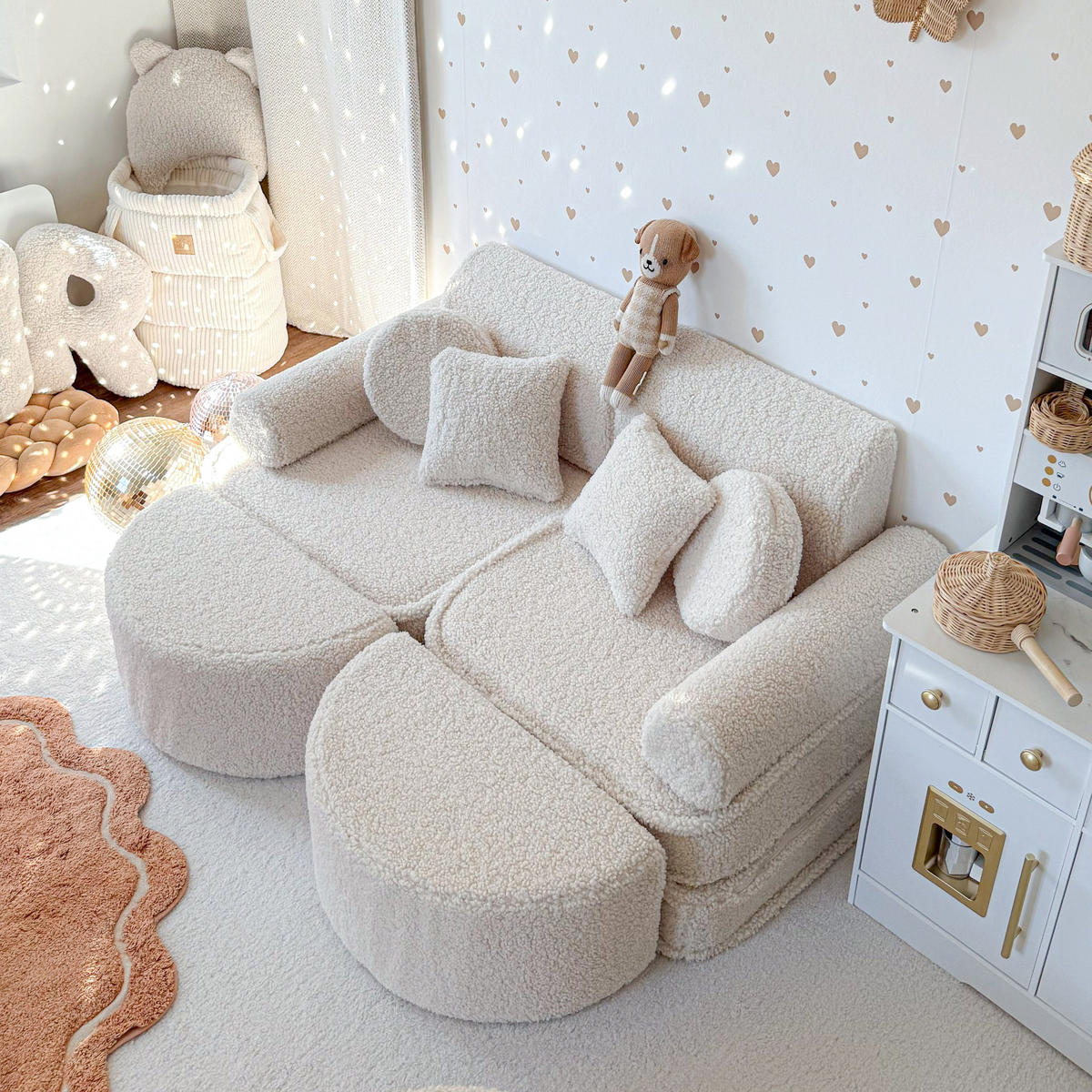 KINDERSOFA Pocket Max modular 12-tlg. aus Teddystoff in Creme - Creme, Textil (120/25/60cm) - MeowBaby