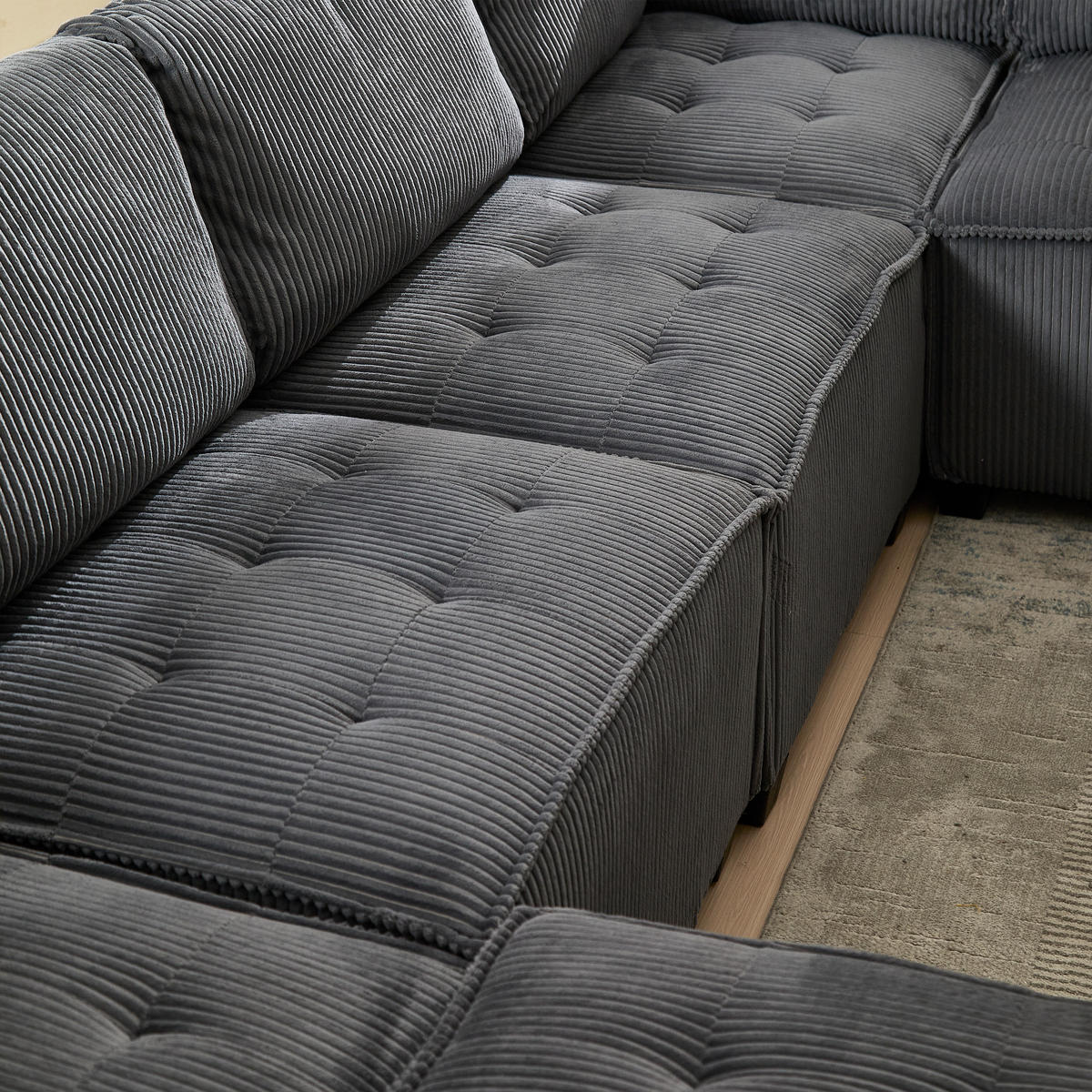 WOHNLANDSCHAFT 6-Sitzer Cord Grau mit Seitentaschen - Grau, Holzwerkstoff/Kunststoff (308/82/154cm) - WISHDOR