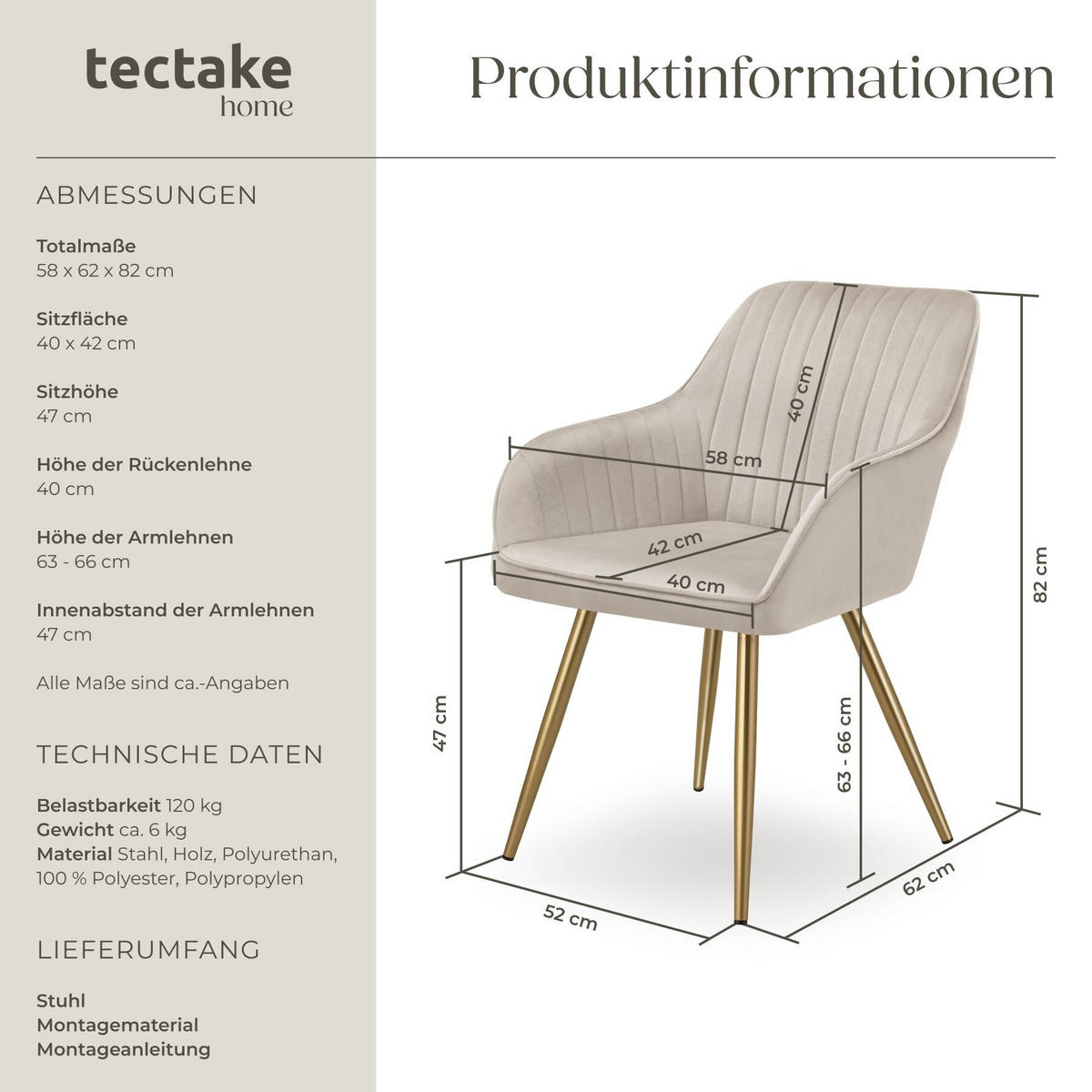 ESSZIMMERSTUHL Marilyn,58 x 62 x 82 cm,taupe/gold - Taupe/Goldfarben, Kunststoff (58/82/62cm) - tectake