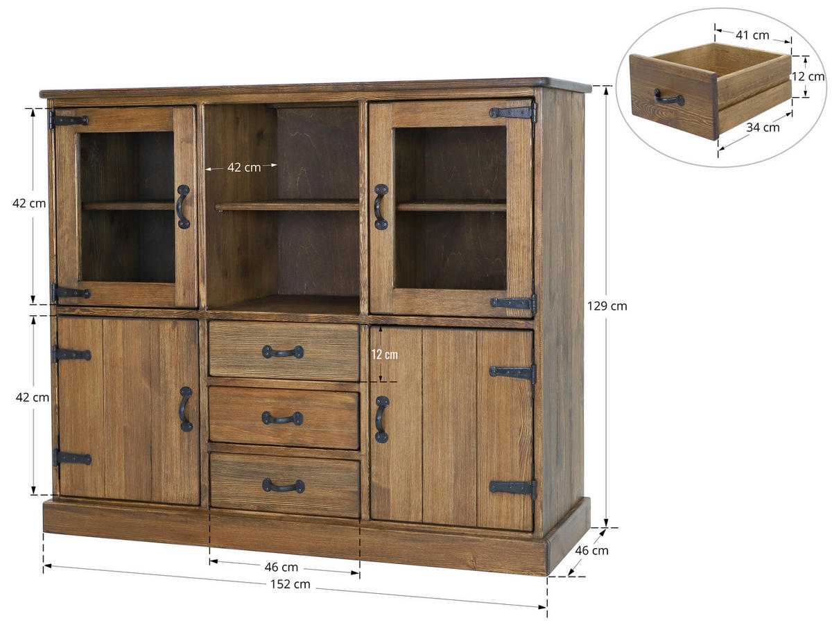 BUFFET aus Massivholz Rustyk - Dunkelbraun/Schwarz, Holz (152/129/46cm) - Seart