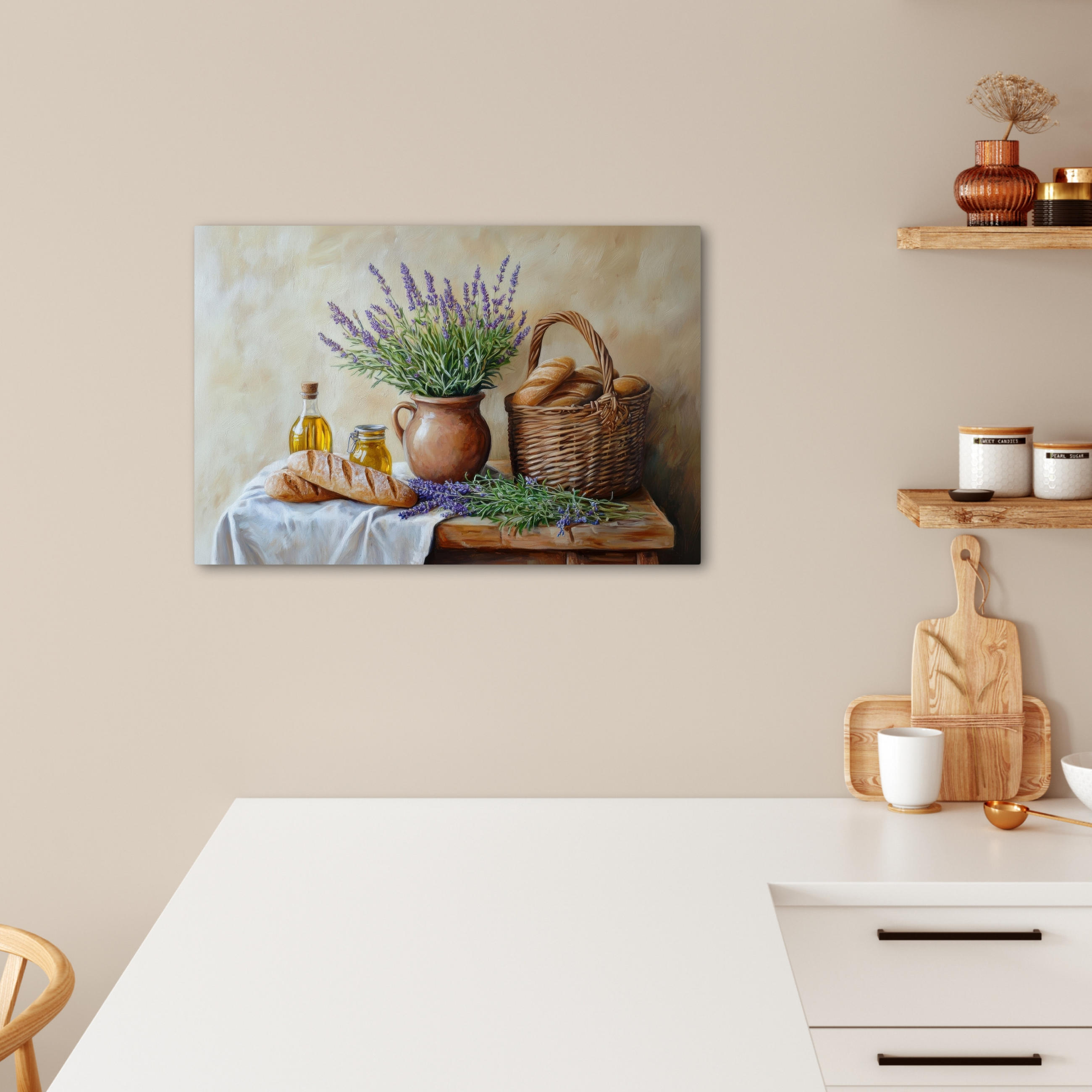 LEINWANDBILD Lavendel - Brot - Stilleben Gemälde 60x40 cm - Flieder, Textil (60/40cm) - MuchoWow