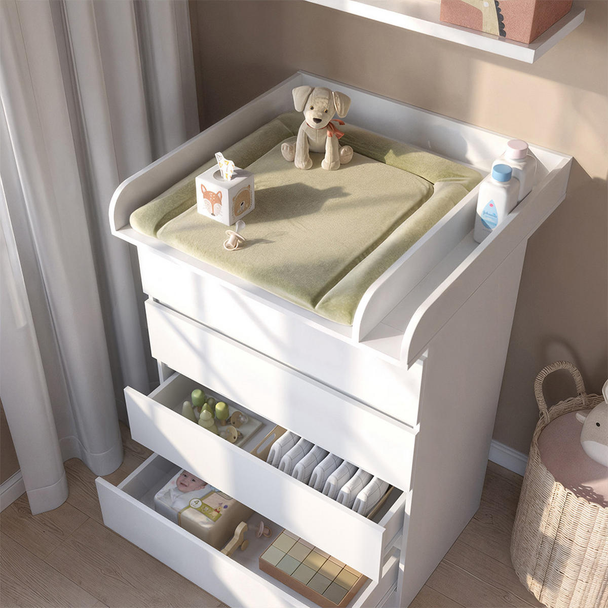 PREVIJALNA OMARA Emmi, Bela, 80 x 111.6 cm s 4 predali - bela, leseni material (80/111.6/76cm) - VitaliSpa
