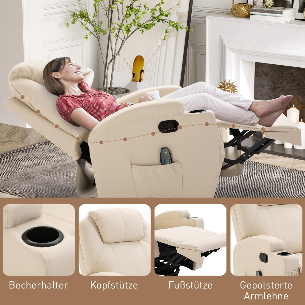 MASSAGESESSEL Fernsehsessel Elektrisch Relaxsessel 5 Massage-Modi Cremeweiß - Creme/Schwarz, Leder/Metall (92/109/84cm) - HOMCOM