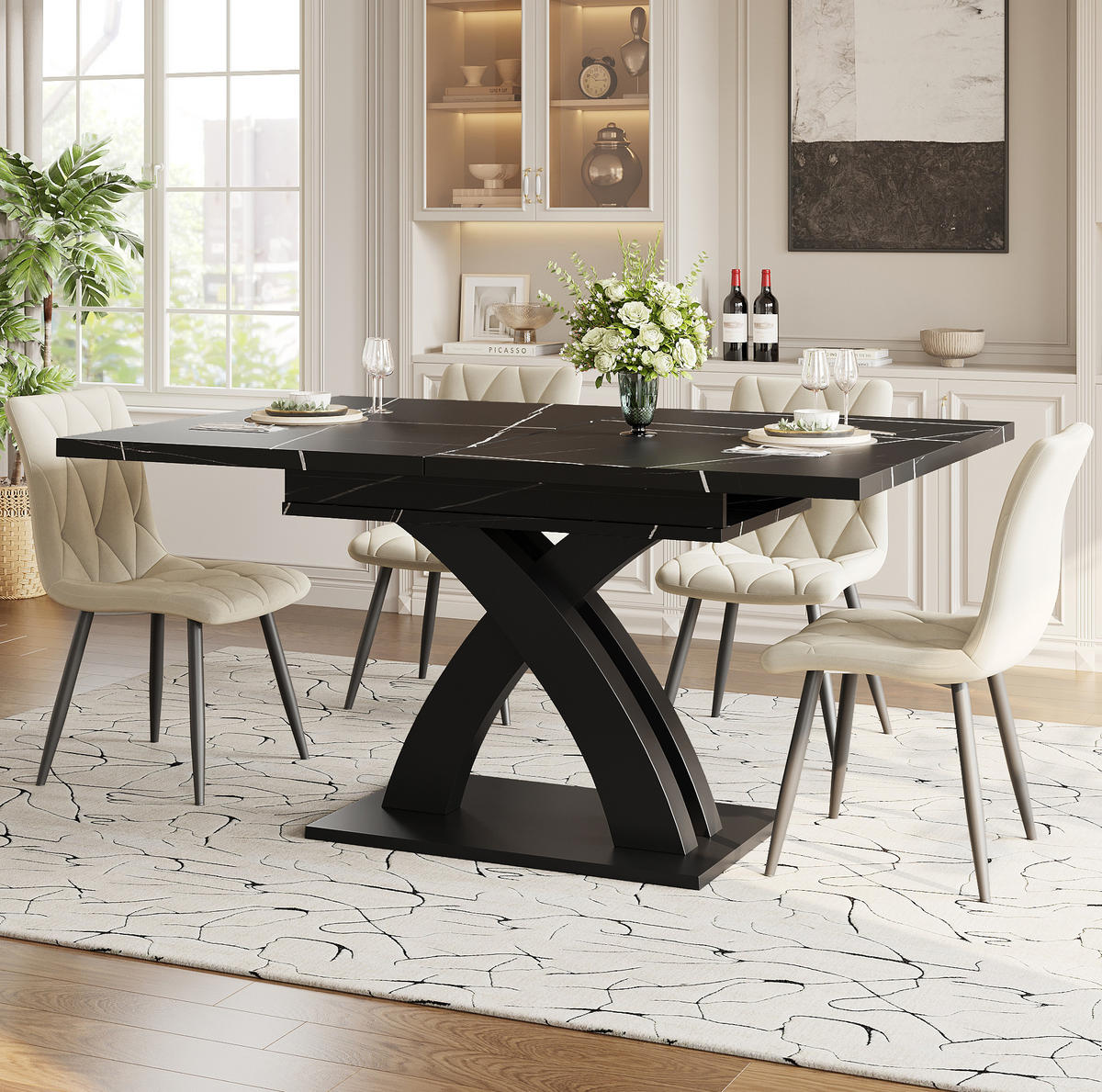 ESSTISCH 120-160x80x76 cm in Schwarz aus MDF und Metall auf X-Gestell ausziehbar - Schwarz, Holzwerkstoff (160/80/75cm) - Modfu