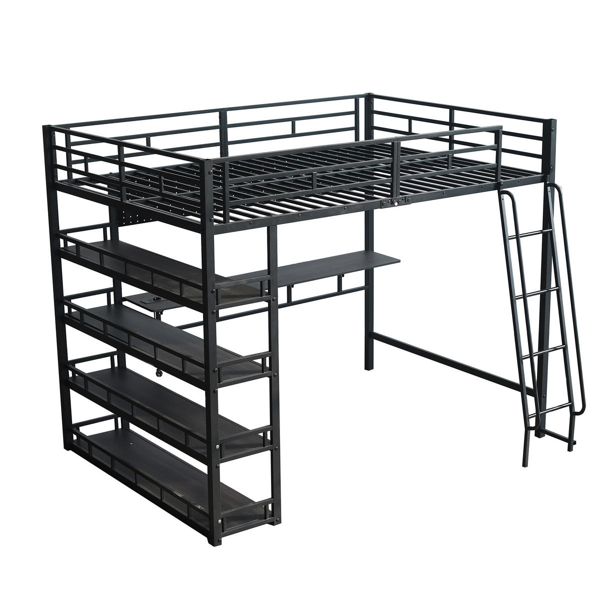 HOCHBETT 140/200 cm in Schwarz – mit Stauraum, Ladeanschluss und schräger Leiter - Schwarz, Metall (140/200cm) - BEAOK
