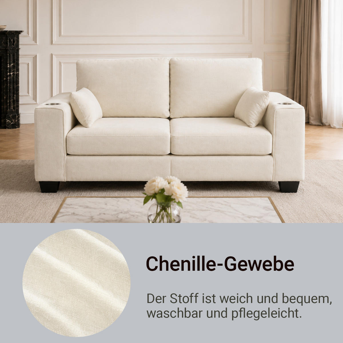 2-SITZER-SOFA 182 cm Chenille mit Getränkehaltern, DE-42913, Beige - Beige, Holz (182/96/79cm) - ComfortXL
