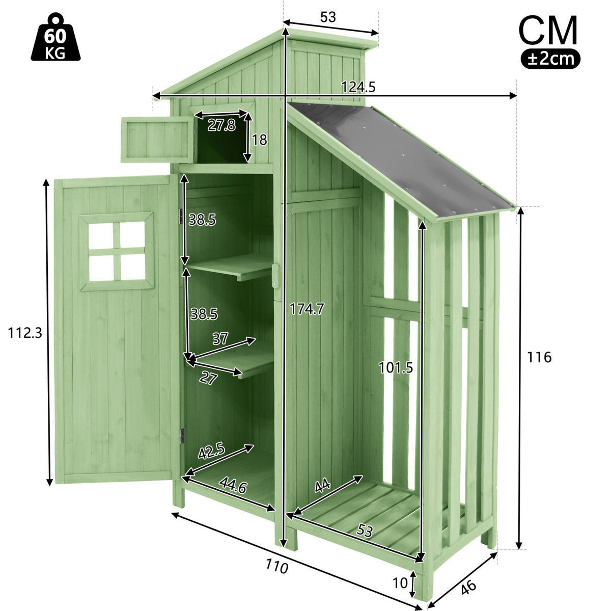 GARTENSCHRANK aus Massivholz 124x46x174cm Grün mit 2 Regalen - Grün, Holz (46/174/124cm) - Modfu
