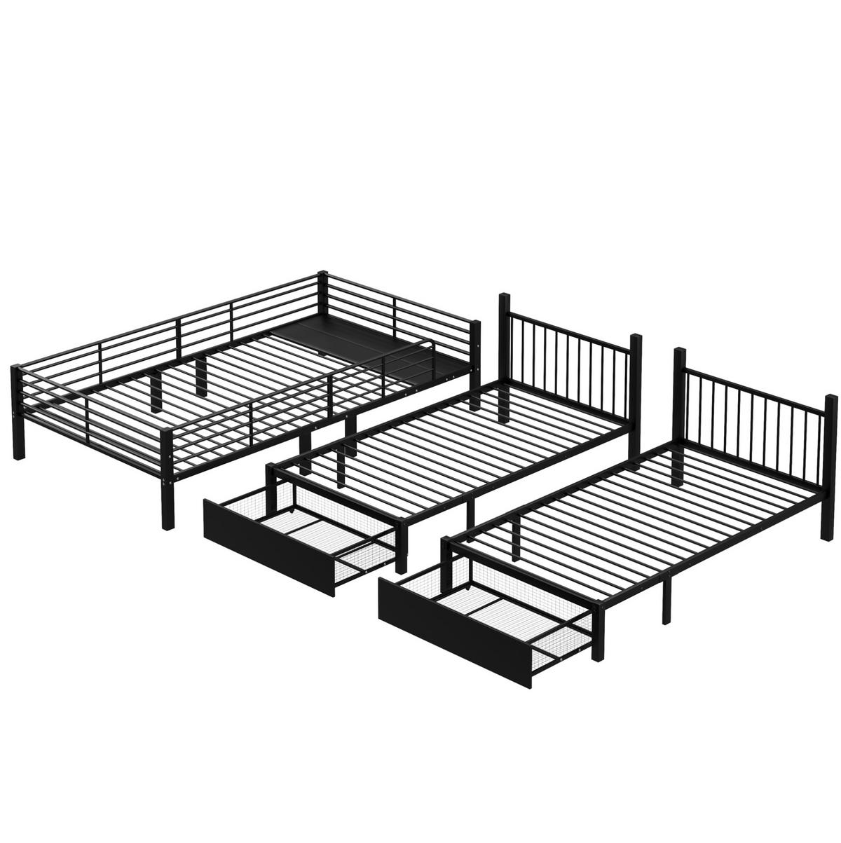 POSCHODOVÁ posteľ 140/200 a 2x 90/200 cm čierna rozložiteľná s úložnými zásuvkami z kovu - čierna, kov (140/200cm) - OKWISH