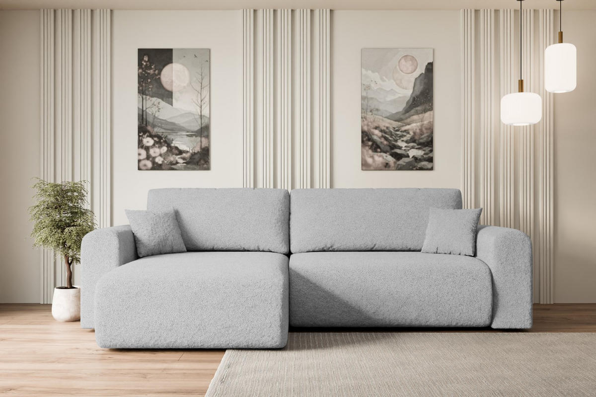 ECKSOFA mit Schlaffunktion und Bettkasten ORRO-L - 272x145x83 cm Hellgrau Bouclé - Hellgrau/Schwarz, Holzwerkstoff/Kunststoff (272/145cm) - ALTDECOR