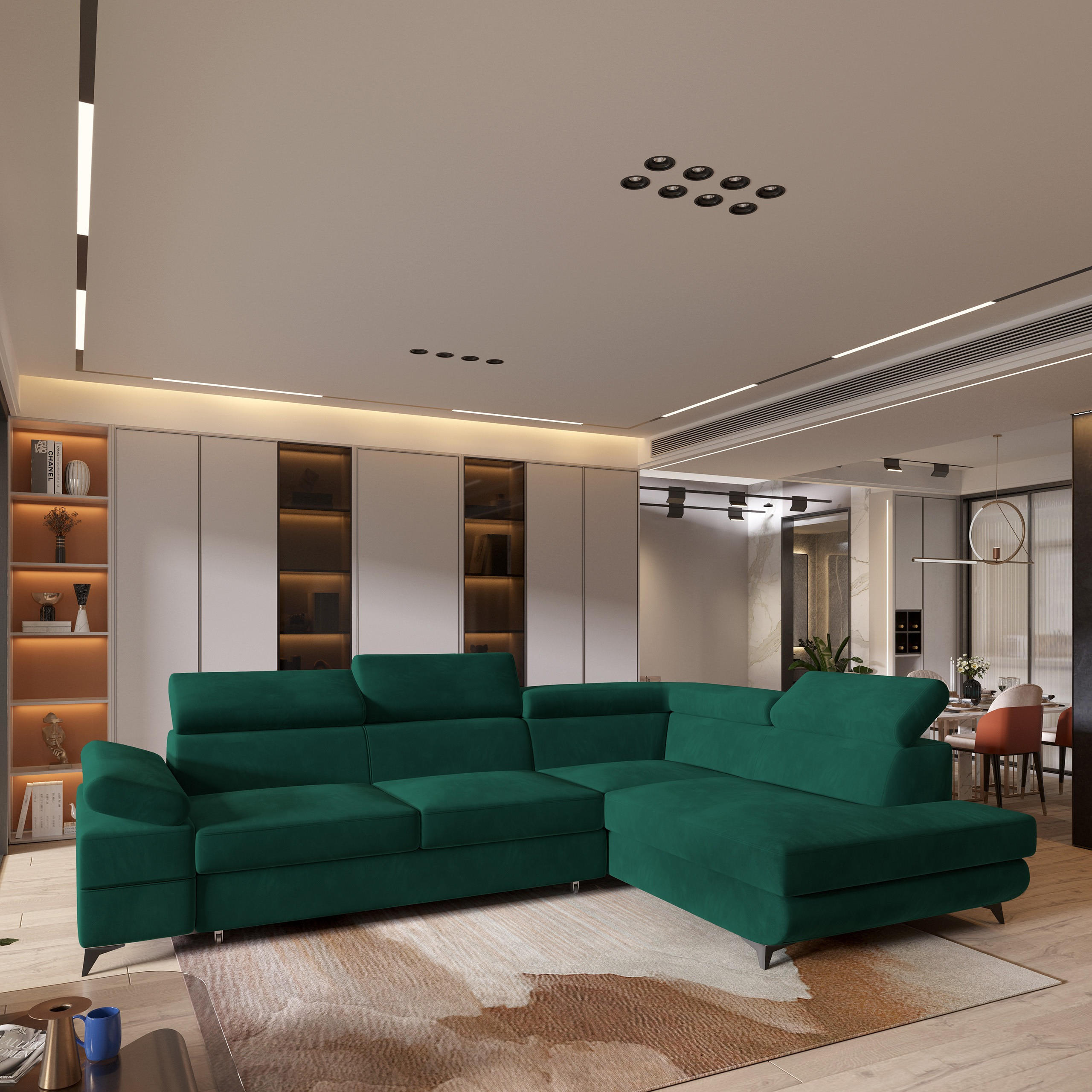 ECKSOFA FAVIEN R-S Grün Velours-Stoff mit Schlaffunktion - Grün, Holz (257/190cm) - MASSENO
