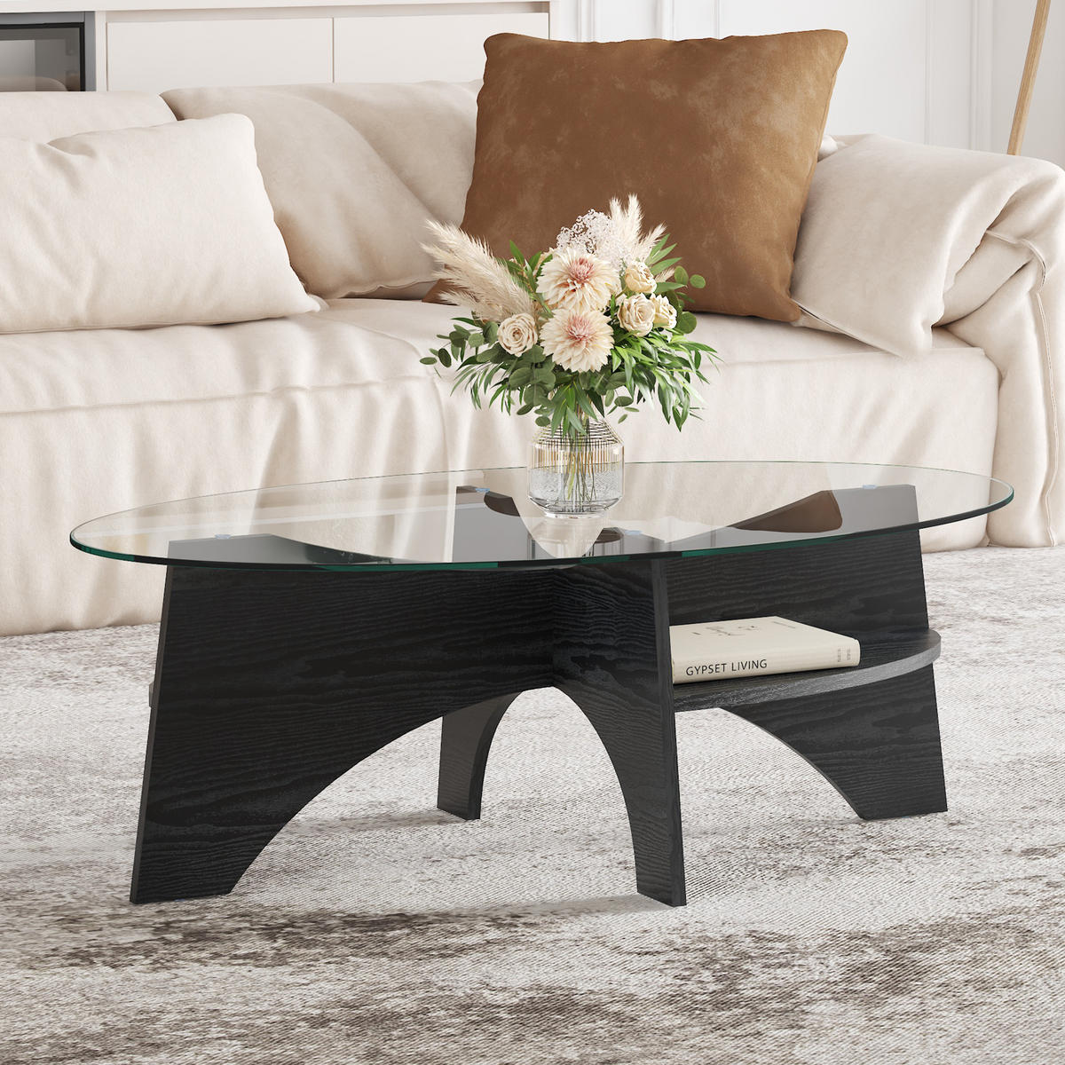 COUCHTISCH in Schwarz Moderner ovaler Beistelltisch mit Holzoptik für Esszimmer und Wohnzimmer, B104.9/T60/H35.6 cm - Transparent/Schwarz, Glas/Holzwerkstoff (60/104.9/35.6cm) - STILVORA