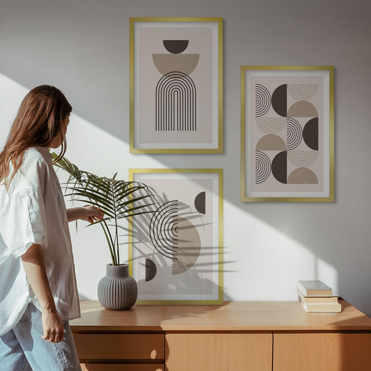 BILDER SET 3er Set - 40x60 cm Goldrahmen - Abstrakte Minimalismusmuster - Goldfarben, Kunststoff (40/60cm) - TULUP