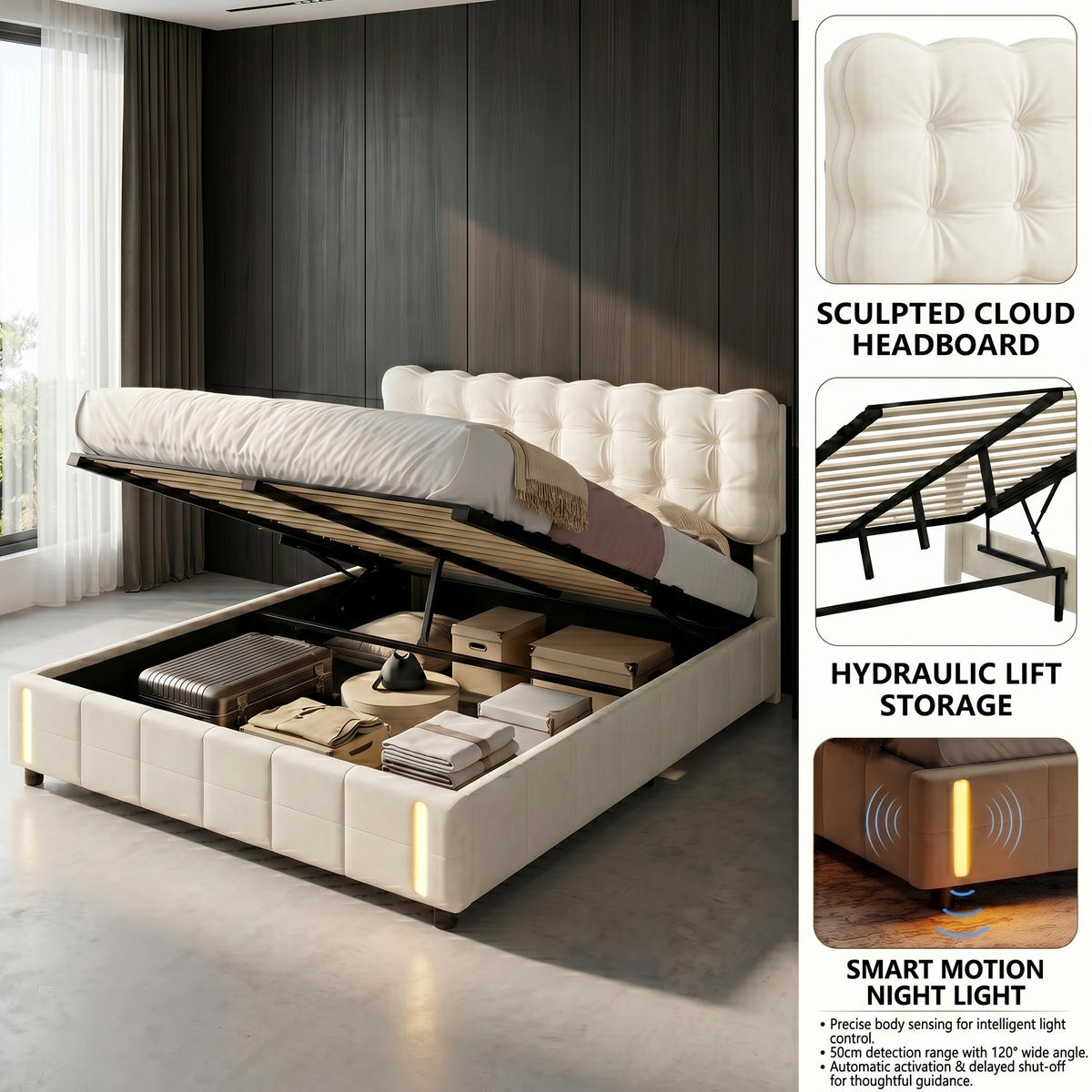 POLSTERBETT Eleganz 140/200 cm mit Bettkasten & Bewegungsmelder Samtoptik Beige - Beige, Textil (140/200cm) - Creahappy