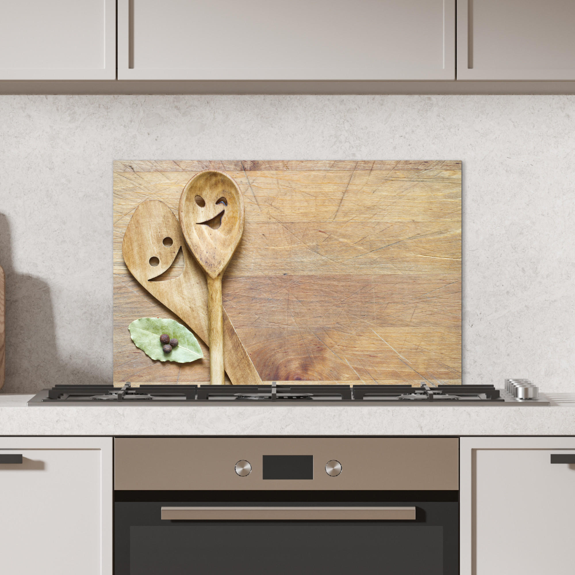 SPRITZSCHUTZ KÜCHE Holz - Löffel - Braun - Smiley 60x40 cm - Hellbraun, Metall (60/0.3/40cm) - MuchoWow