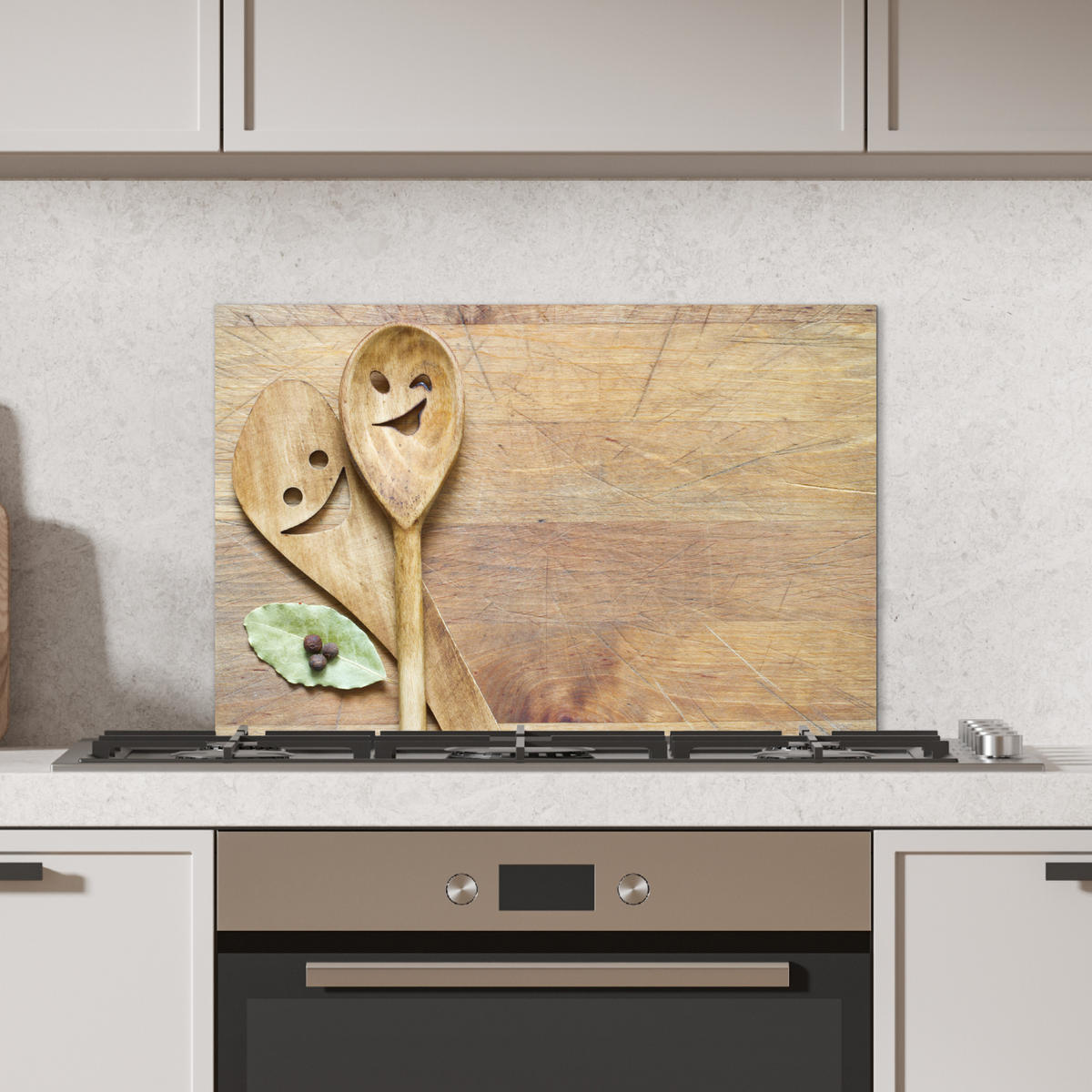 SPRITZSCHUTZ KÜCHE Holz - Löffel - Braun - Smiley 70x50 cm - Hellbraun, Metall (70/0.3/50cm) - MuchoWow