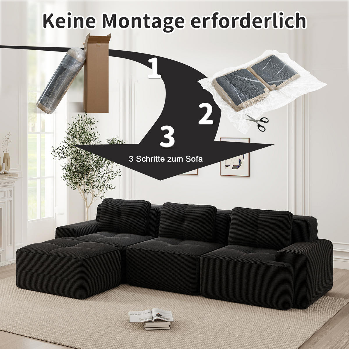 ECKSOFA 293/177/69 cm Schwarz mit Ottoman - Schwarz, Textil (293/177cm) - Oxeza