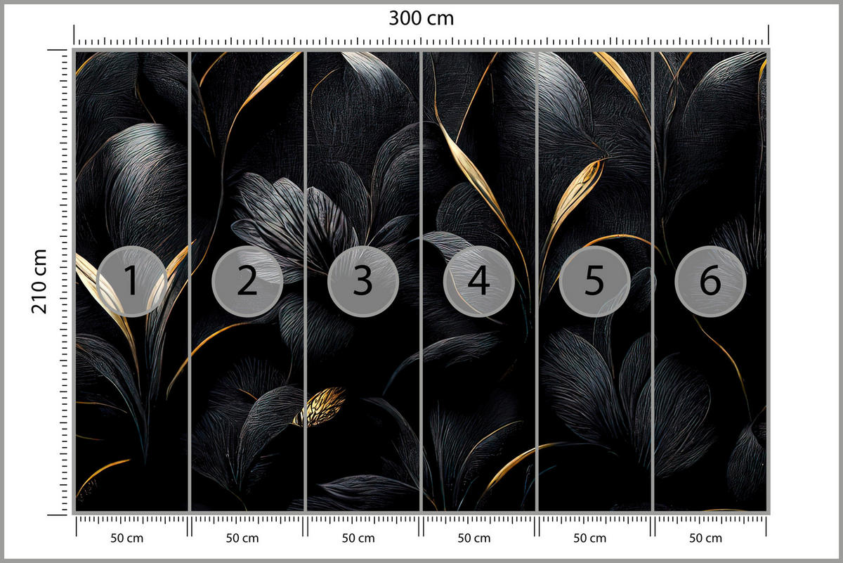 FOTOTAPETE für Wohnzimmer Schwarze Blätter Gold Luxus 300x210 - Goldfarben/Schwarz, Papier (300/210cm) - Muralo